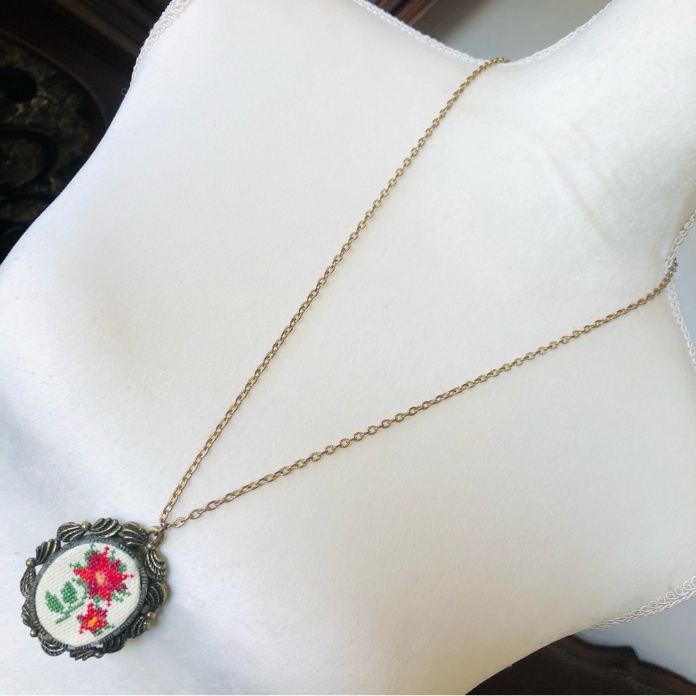 Vintage The Creative Circle cross stitch brass filigree pendant on chain